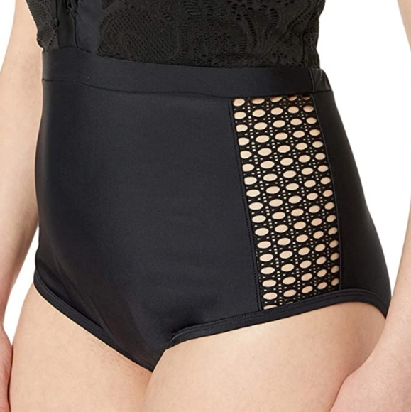 NWT COASTAL BLUE~Plus Size Halter Neck Lace Front Black Sexy Swimsuit~1X~ - Picture 3 of 14